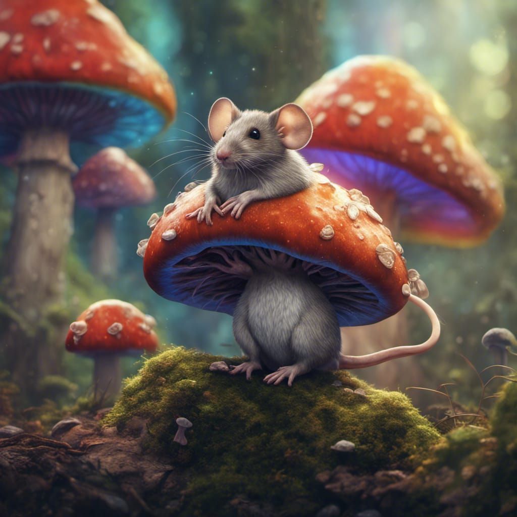 Mouse on a rainbow mushroom