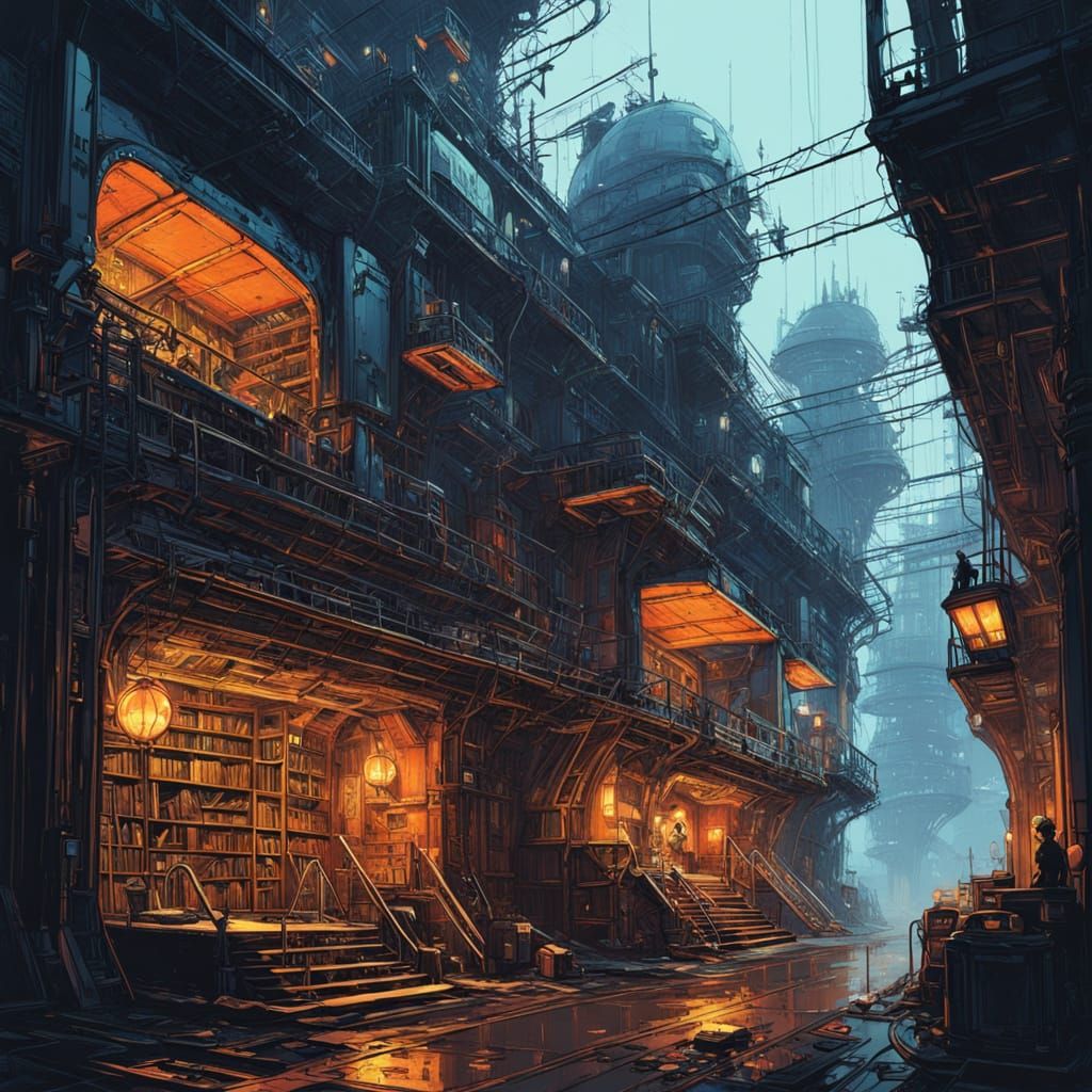 Surreal Library of Ancient Tomes in Golden Light
