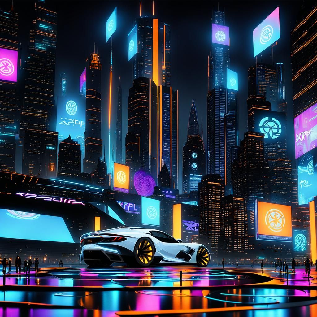A futuristic city with Ripple XRP logos and a girl near a car that has a XRP logo