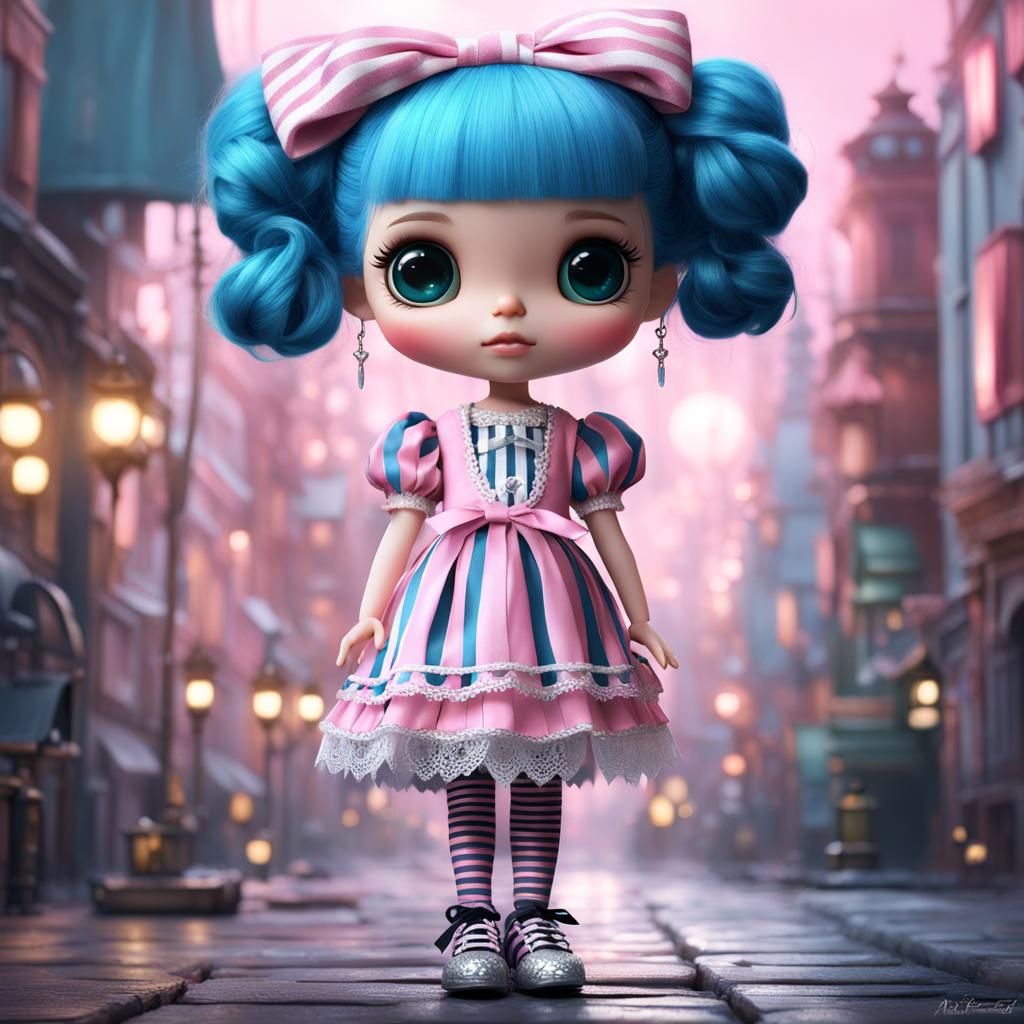 Blythe doll with blue hair tied up in a pink bow, wearing a ...