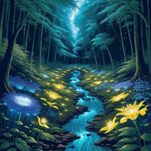 A painting of a winding stream running through a forest with...
