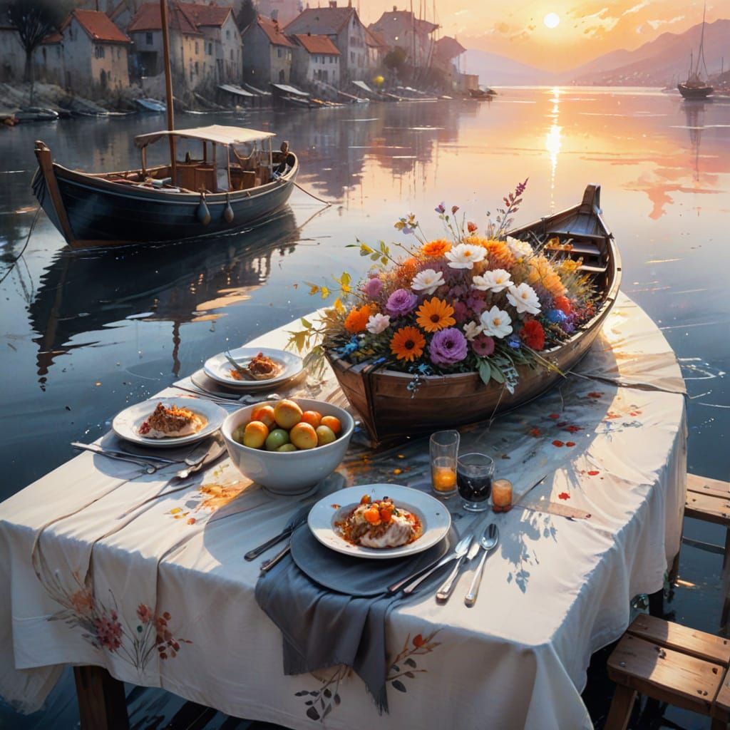 Impressionistic Boat Scene with Golden Light