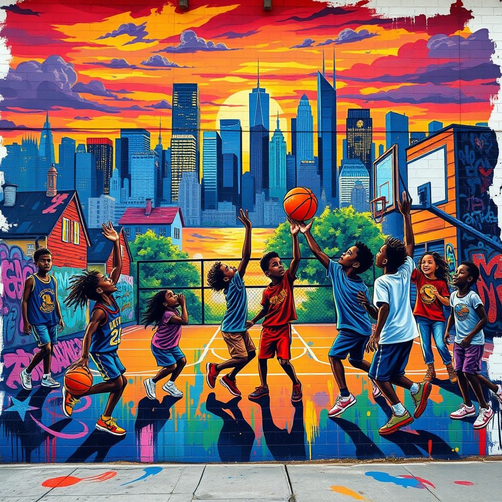 A neighborhood mural expressing the joy of kids playing basketball together  by @Janet Brien