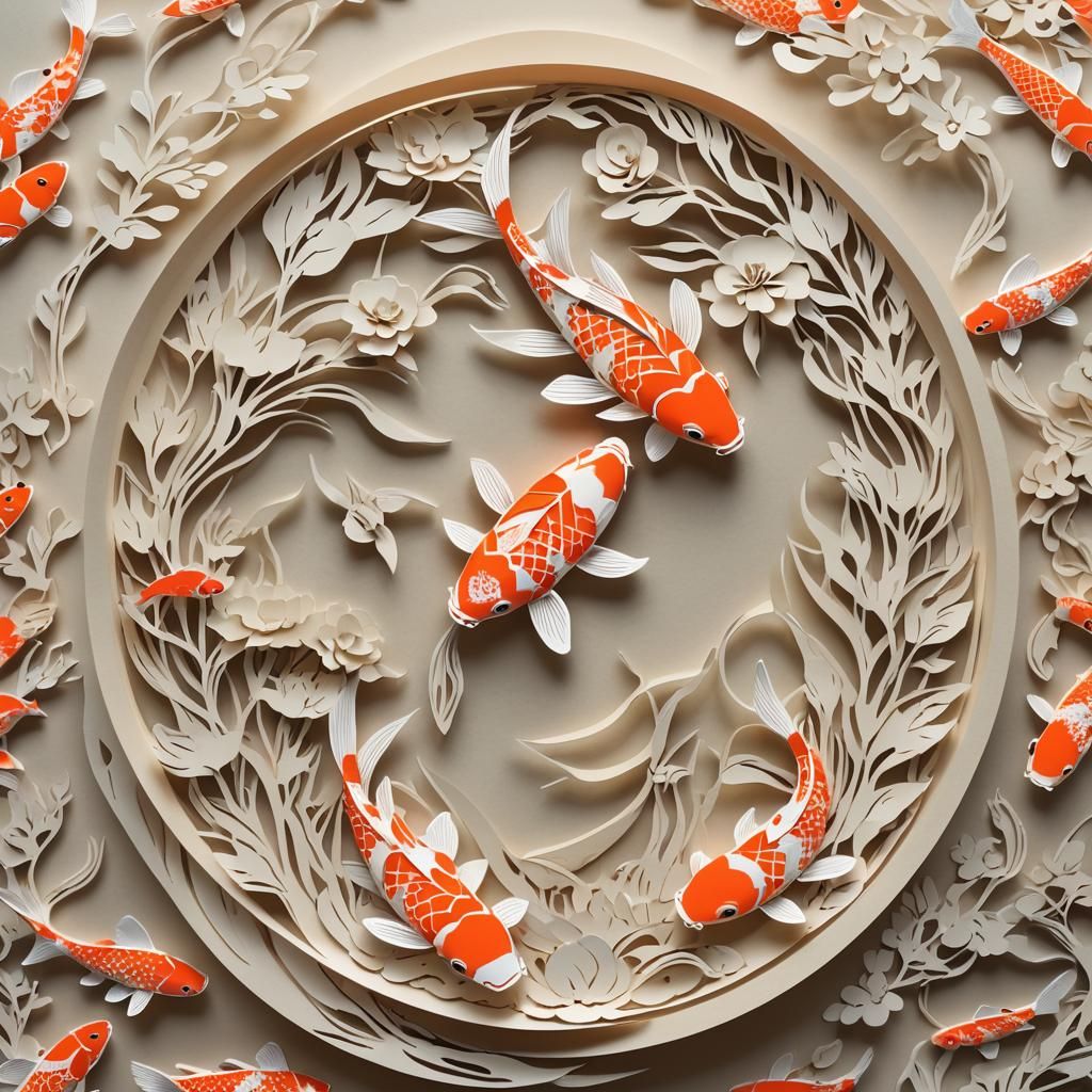 Kirigami (Japanese cut paper art) of a single koi fish in fi...