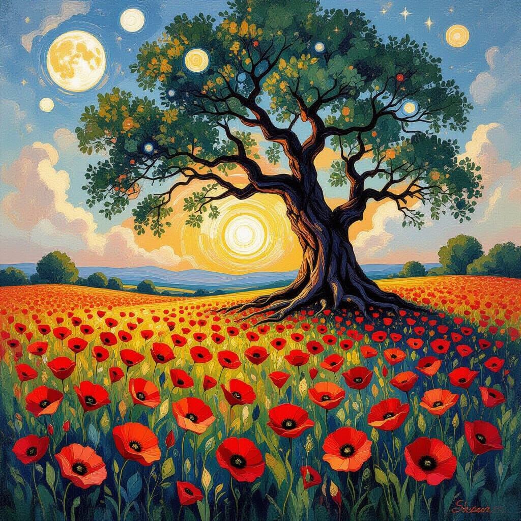 A vibrant field of poppies, their petals like crimson flames, stretches towards a horizon dominated by ...  by @Bushra