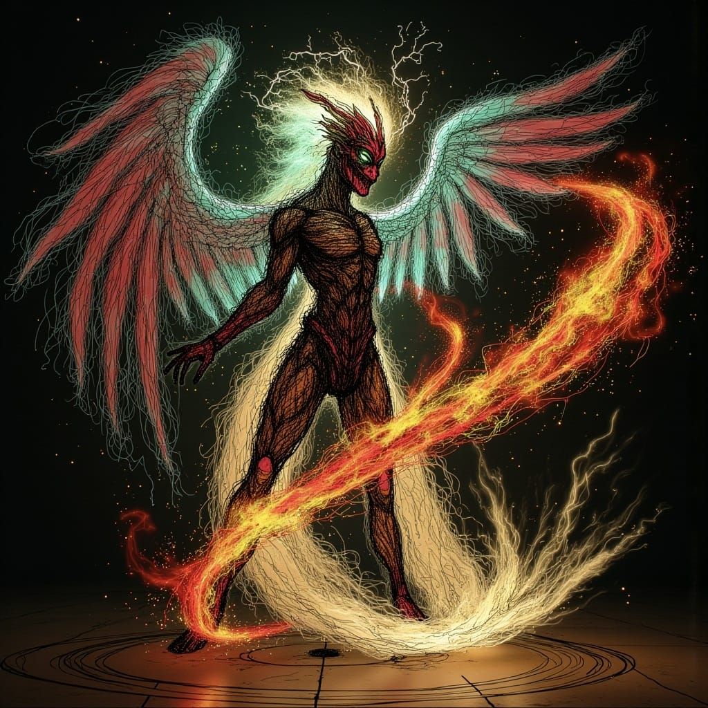 <lora:FolkDrawFlux:1.0> Maelstorm, the Chaos Dancer: A whirlwind of energy and chaos, forever dancing on the edge of destruction and creatio...