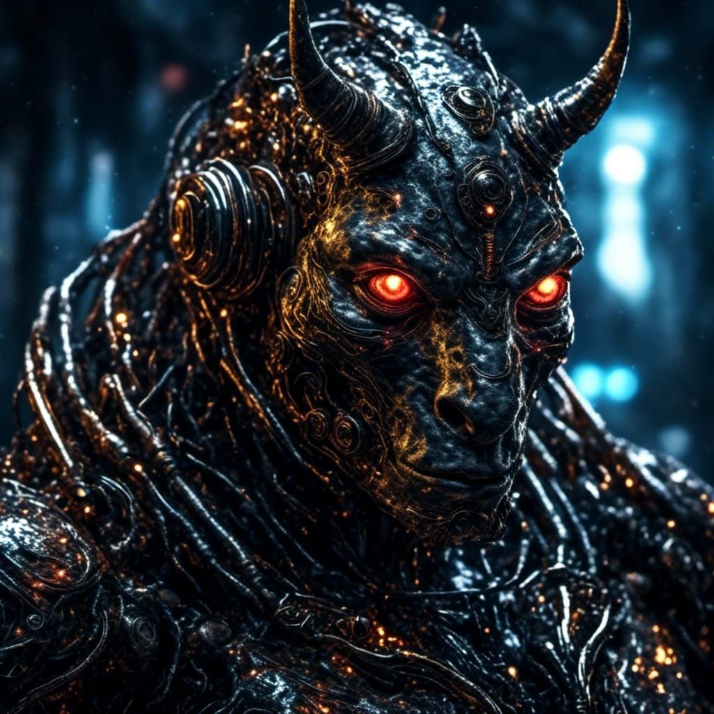 a suspicious and mysterious dark sci-fi humanoid, cyborg Rhinoceros, extremely dark, big volumetric extreme glowing cyborg eyes, concept, <l...