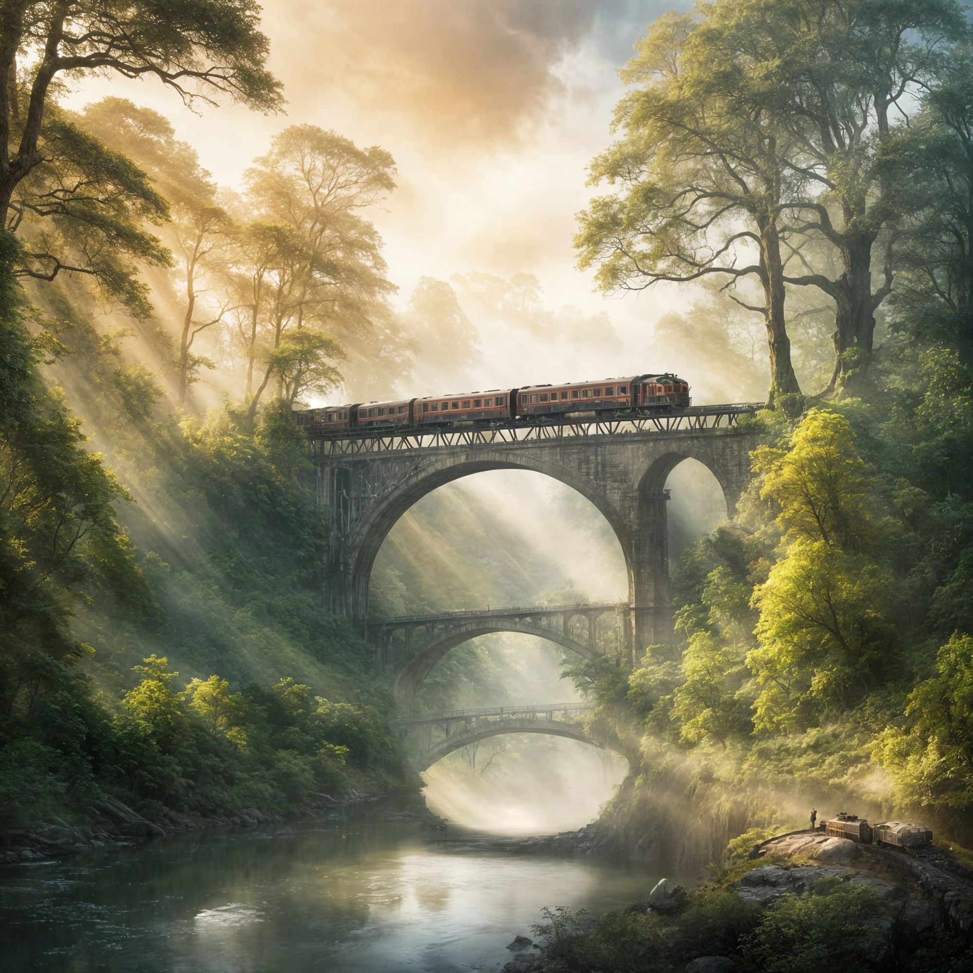 Enchanted Misty River Forest with Trains and Aircraft – Epic Cinematic Scene

A boundless forest stretches endlessly, its towering trees shr...