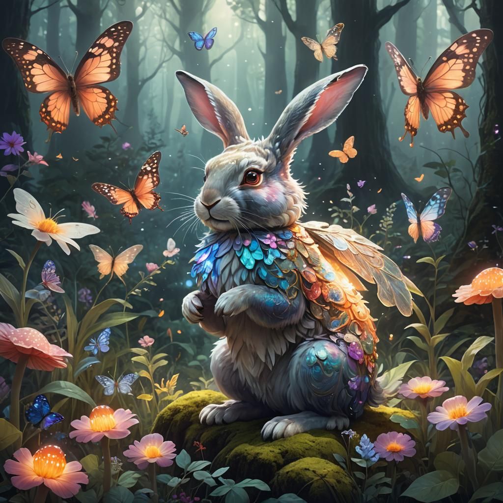 Mythical Rabbit with Mushroom in Dreamy Forest
