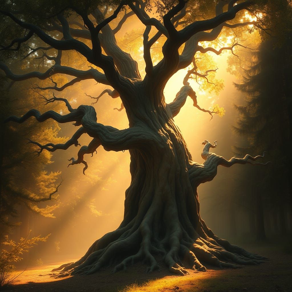 Ancient Tree in a Dreamlike Forest Landscape