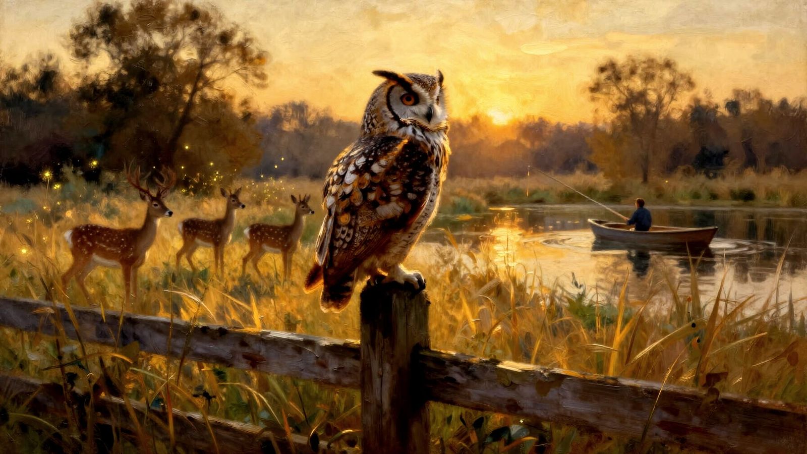 Majestic Owl Over Golden Hour Meadow with Angler