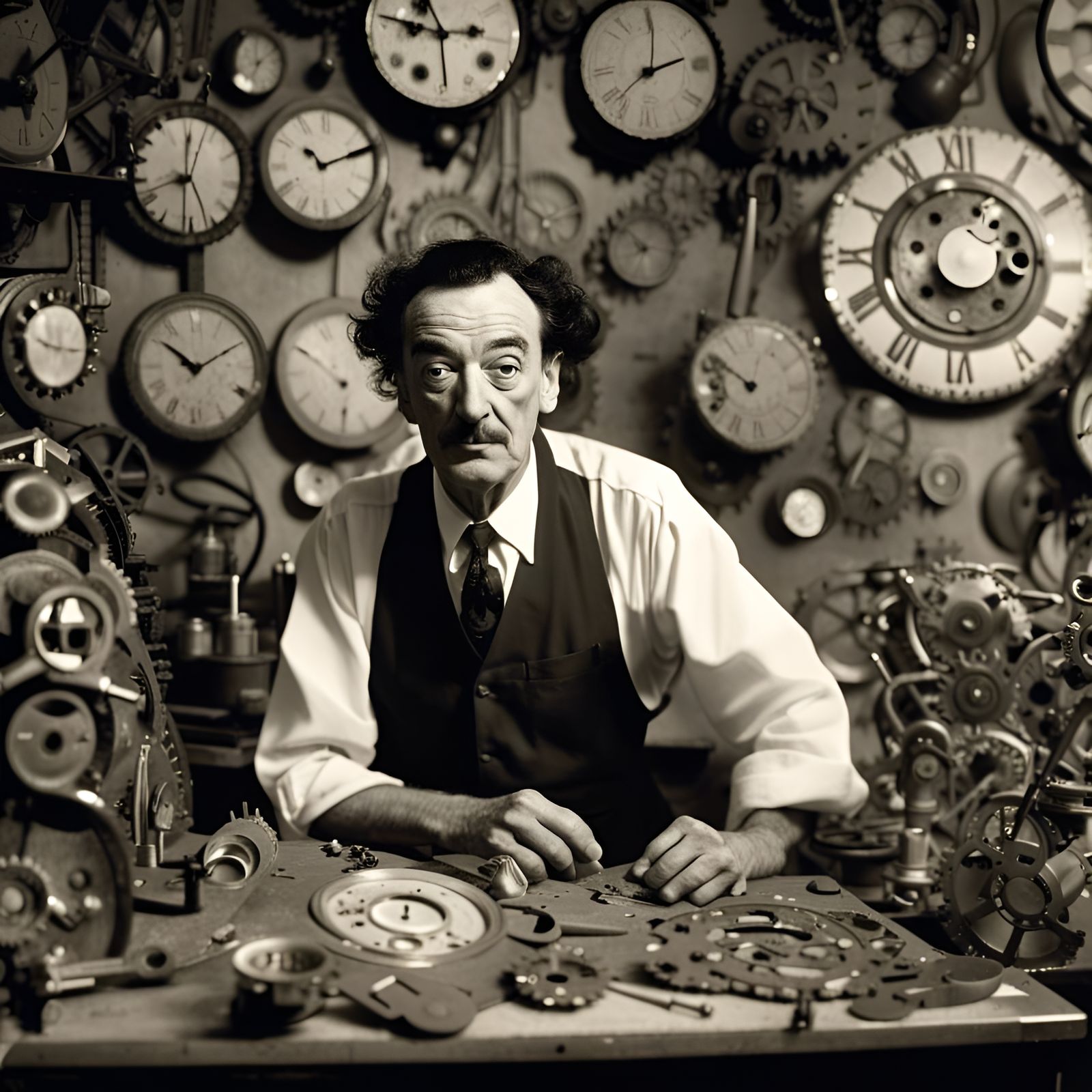 Salvador Dali working in a clock shop as an Horologist.   by @Legomatica 