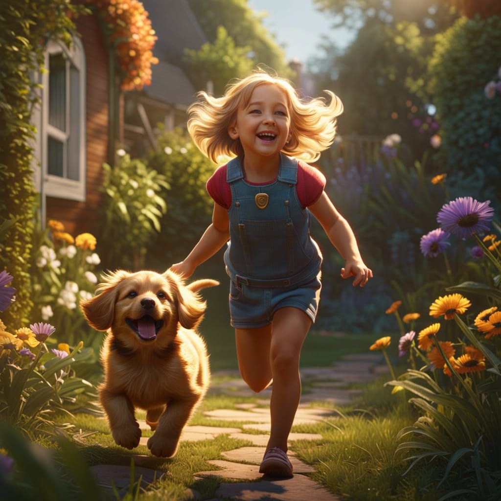 joyful girl with puppy   by @Lady on Fire