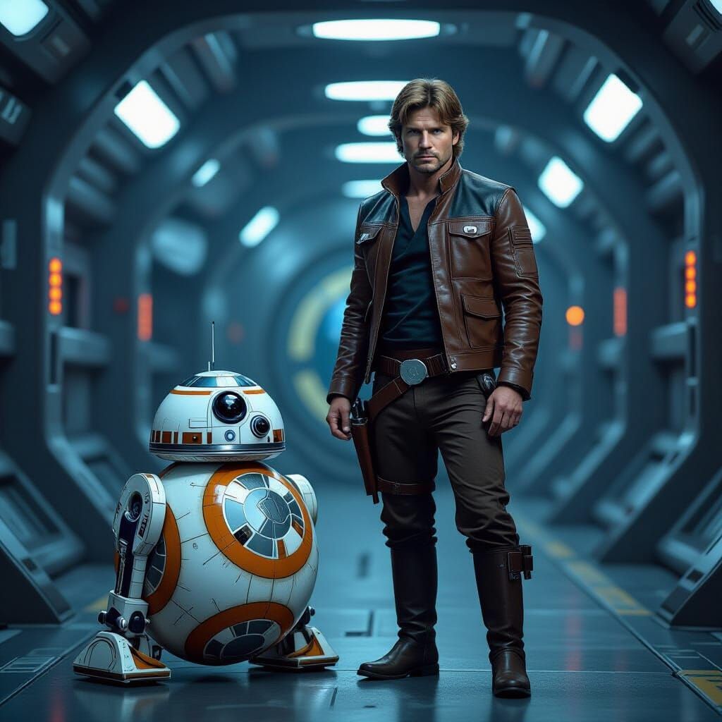 bb8 from starters with Han Solo on a space ship