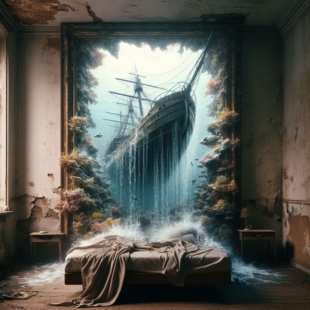 Underwater shipwreck bursting through a bedroom mirror