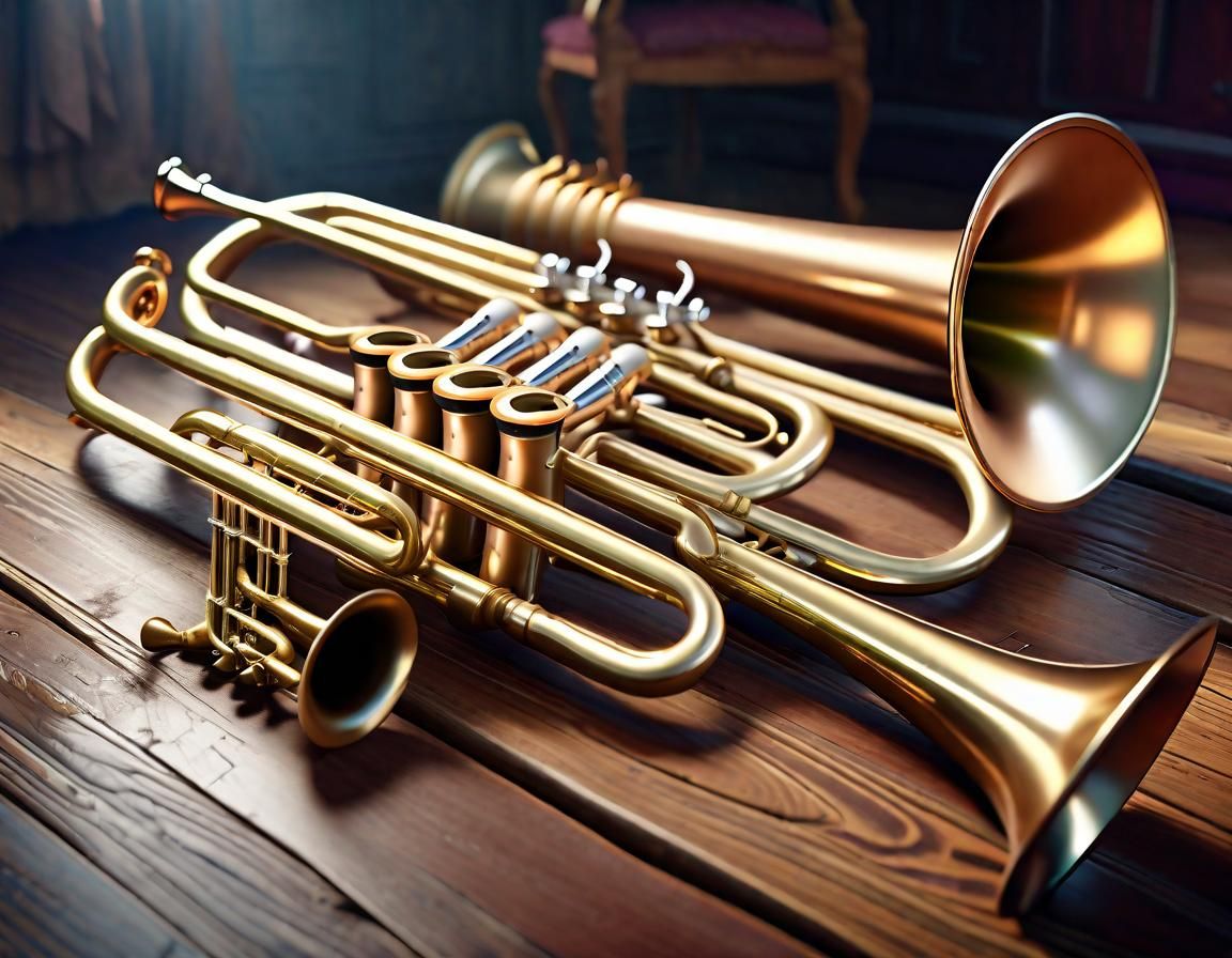 A Trumpet Trombone, french horn, Euphonium, and Tuba laying on a wood floor.detailed matte