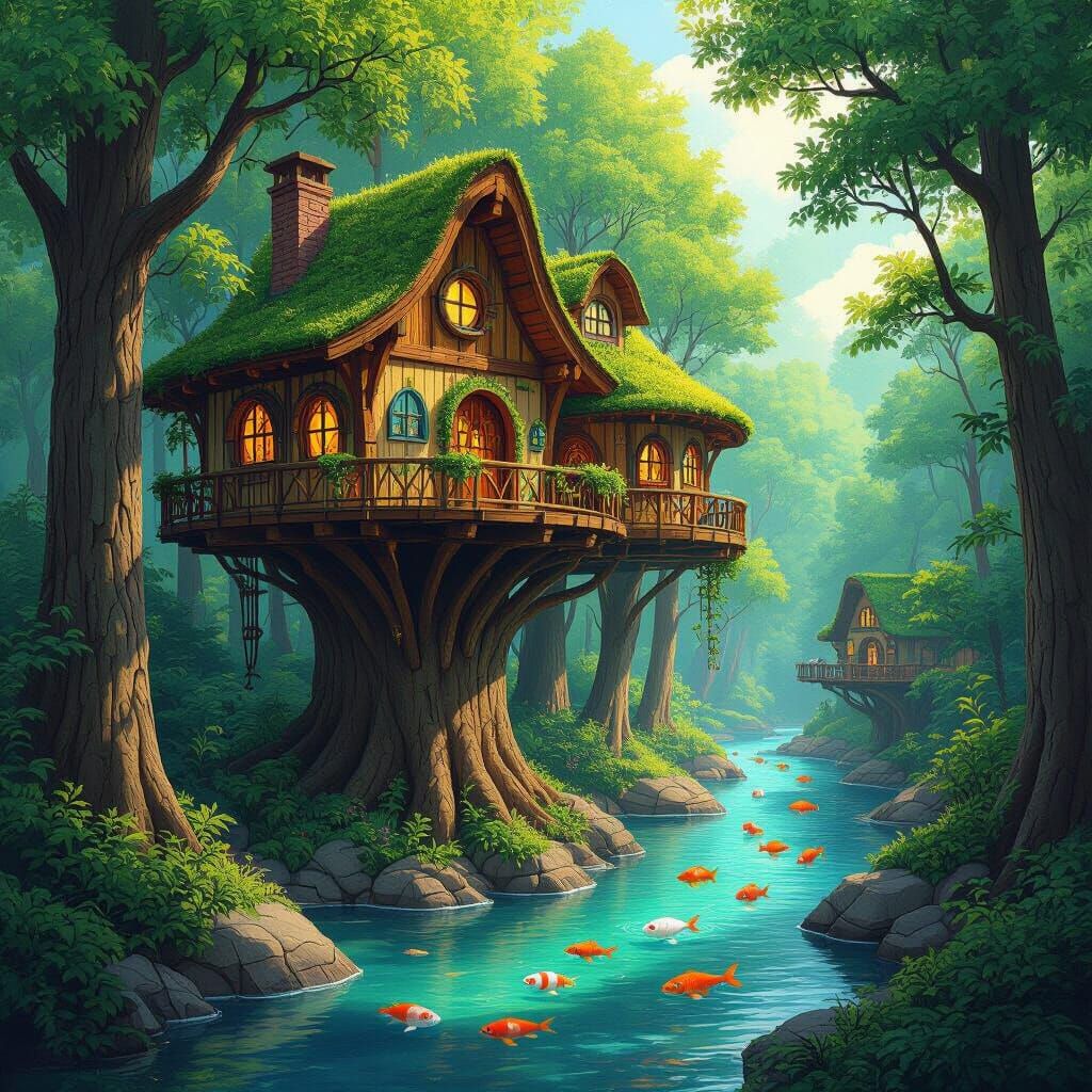 Tree top houses on a fish filled lazy river