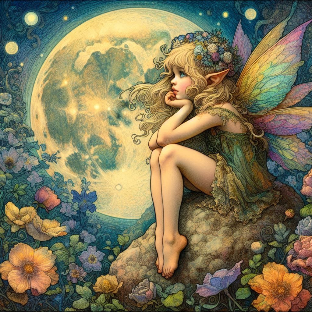 Renaissance painting of a pixie and the moon.