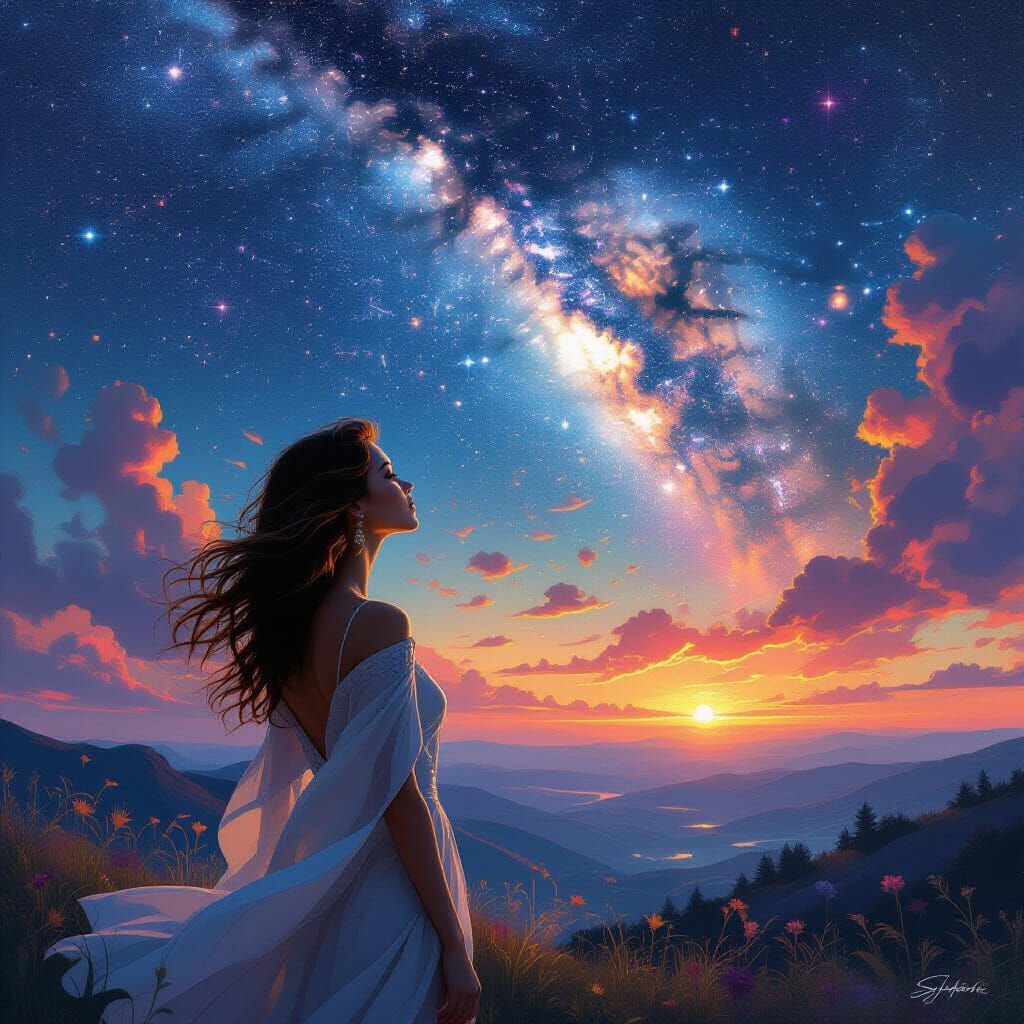 a beautiful woman, colorful background, looks at the universe and the love inside it  by @My_project