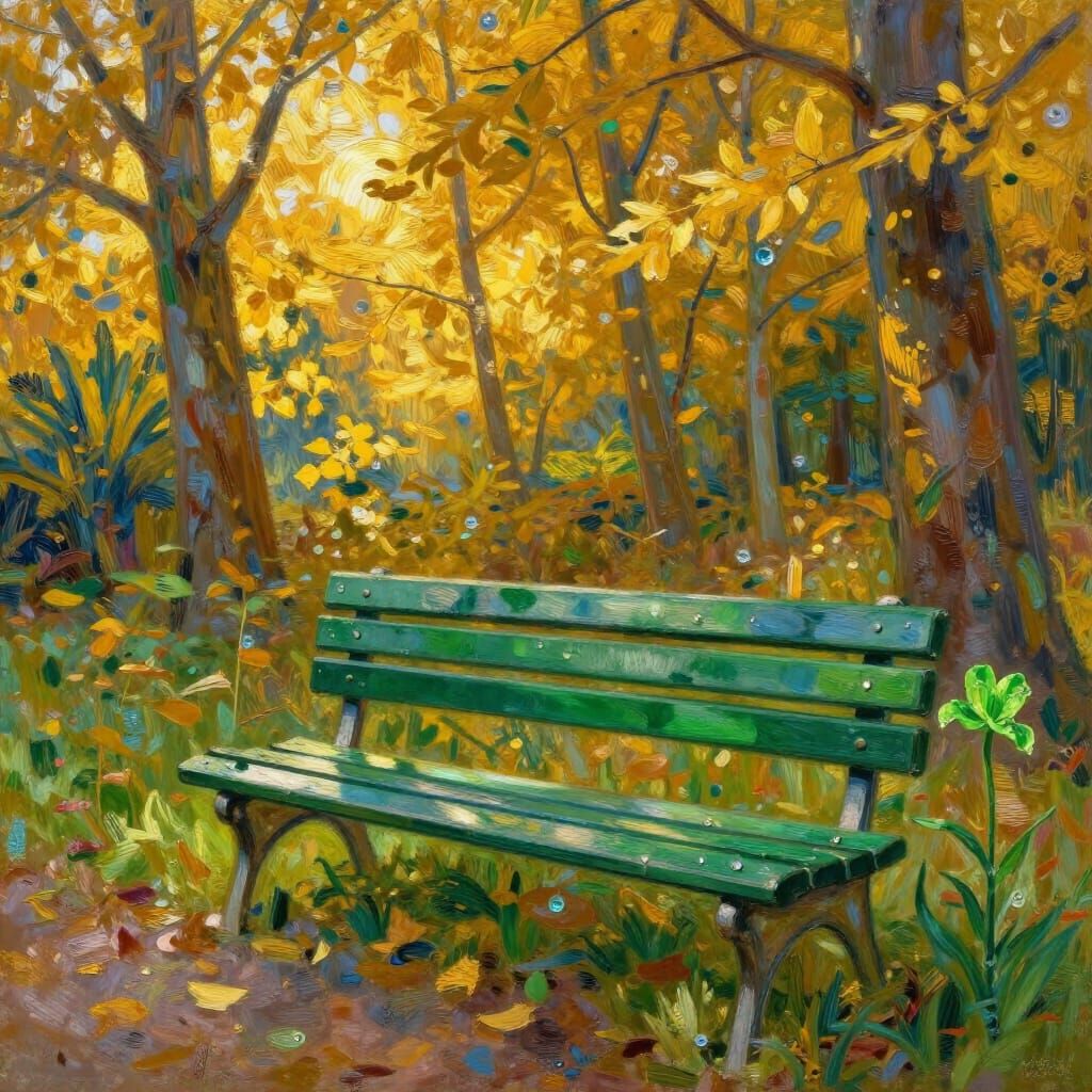 Golden Forest Bench with Blooming Flower in Impressionistic ...