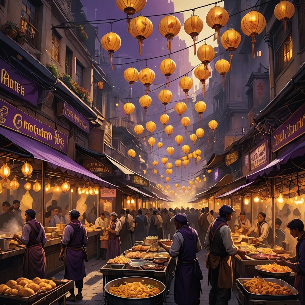 Street food vendors serving food in lively market area