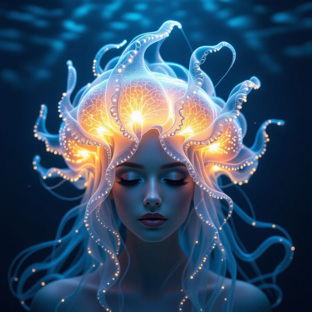 A hat woven from glowing jellyfish tentacles.
Bioluminescent fibers pulse beneath translucent aquatic folds.
Elegant crown adorned with sway...