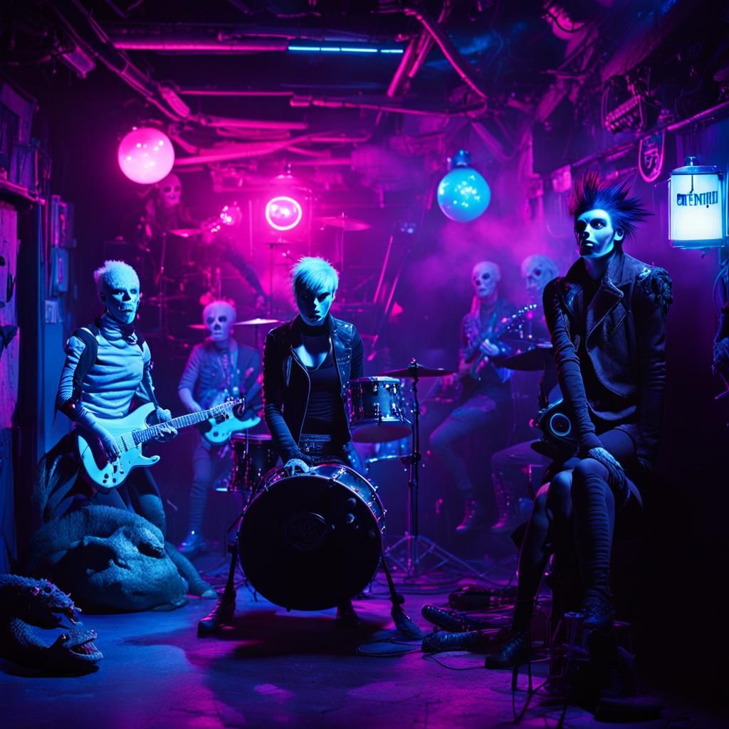 dark basement. punk rock performance club. fog. female gothi...