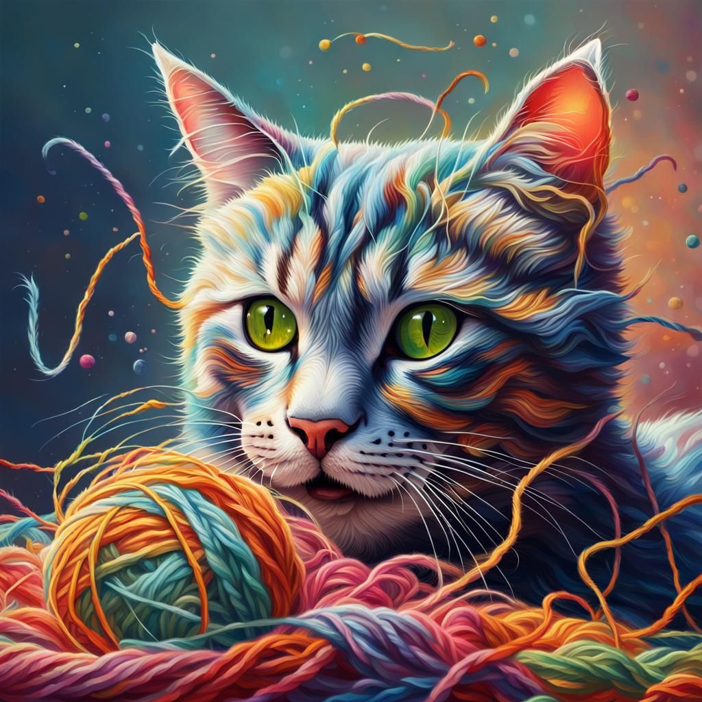 Very cute cat playing with a yarn, around it more yarns - AI Generated ...