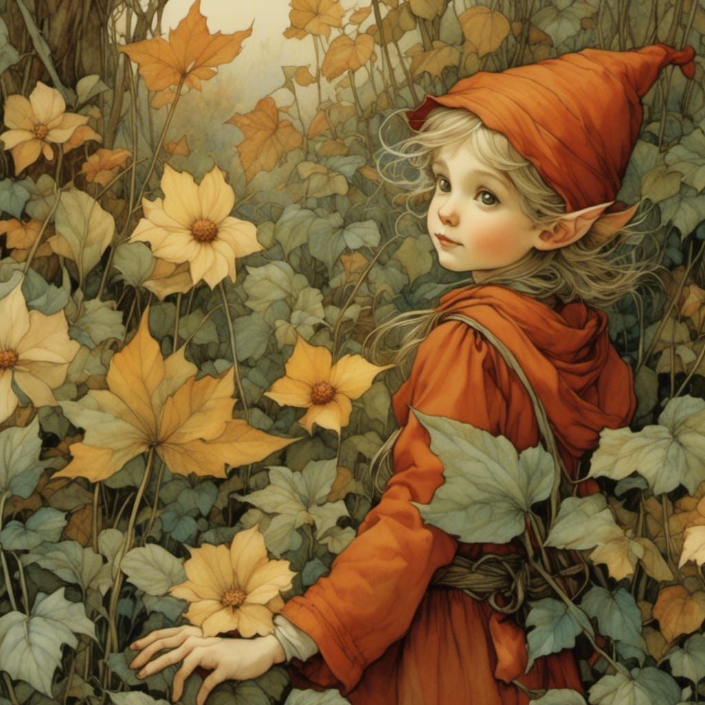flower elf in the autumn, by Cicely Mary Barker, insanely de...