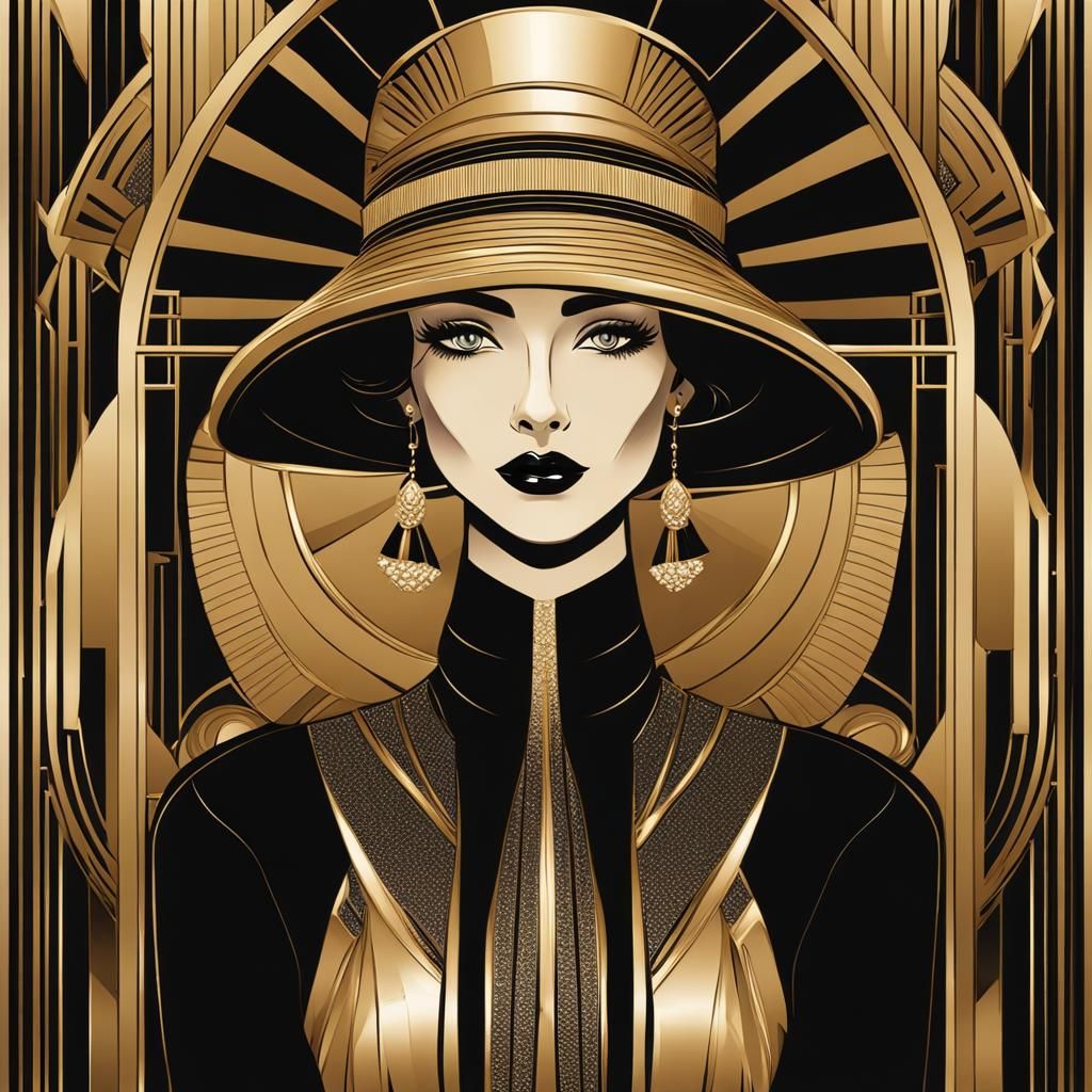 a thin girl with hat art deco style gold and black  by @Olivier Chapelle