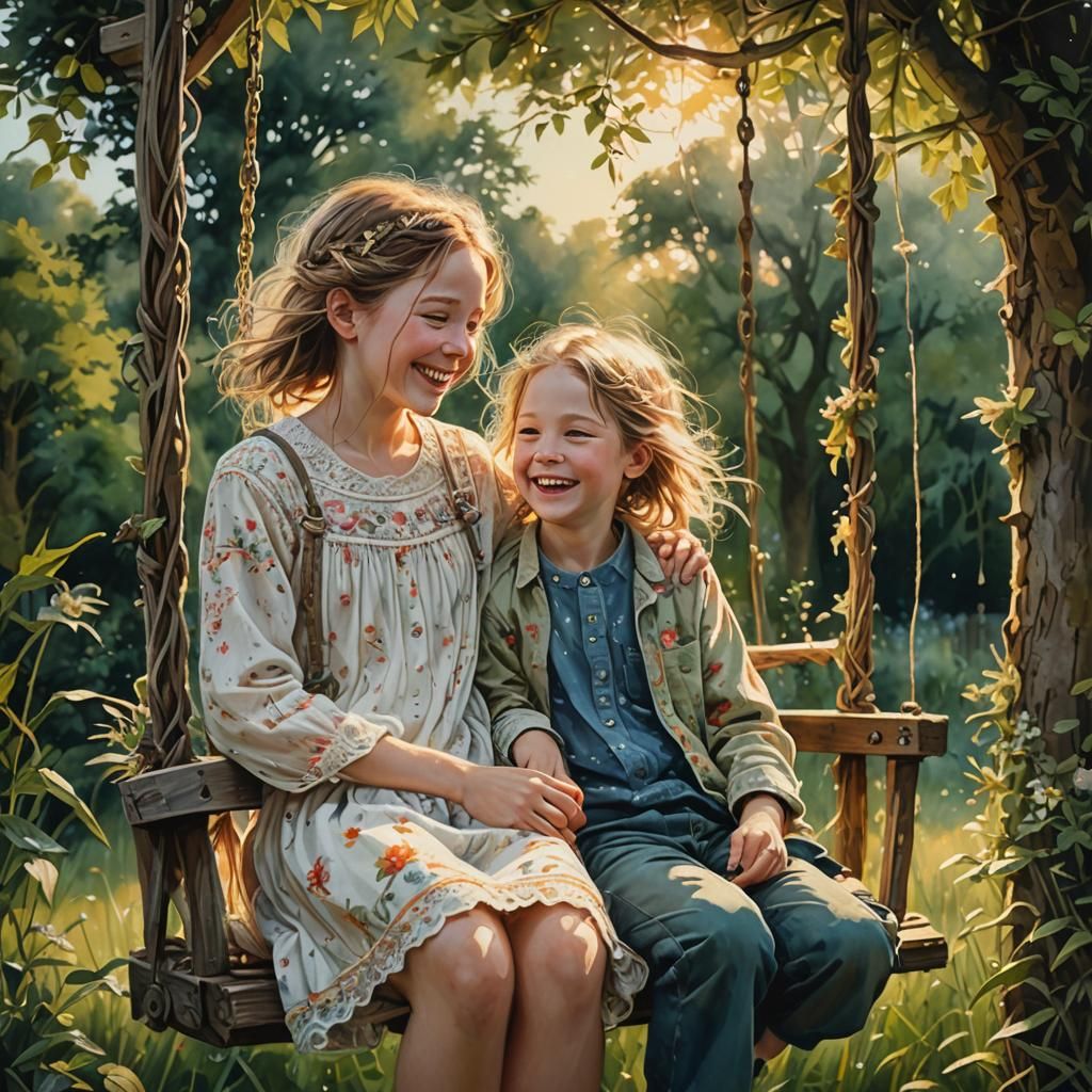 The cute siblings sit in the porch swing in the soft evening light and ...