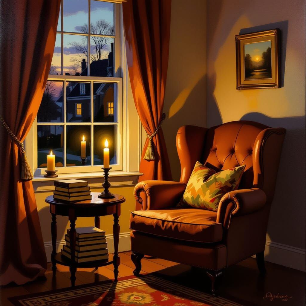 a cosy reading corner by night in a house with candle light  by @Tiari