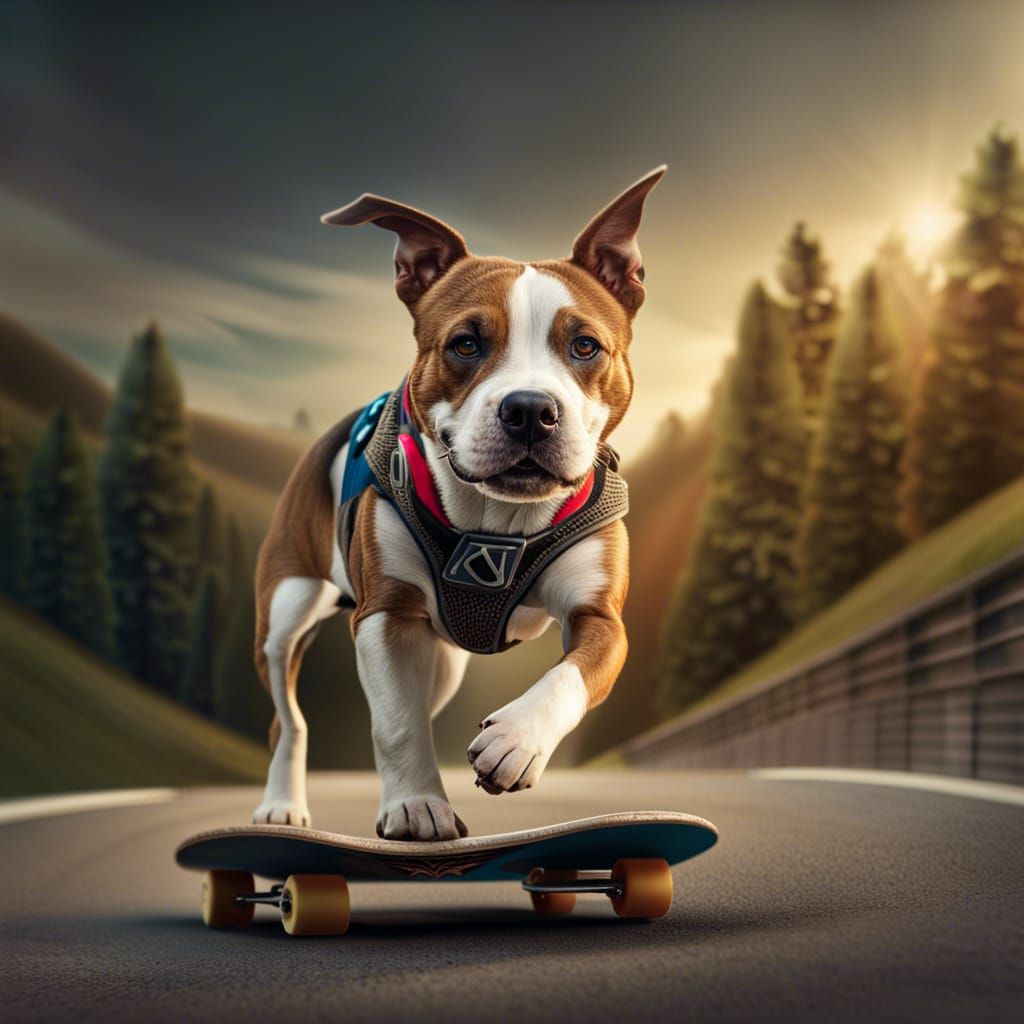 An AmStaff riding a skateboard  by @Riangwalee