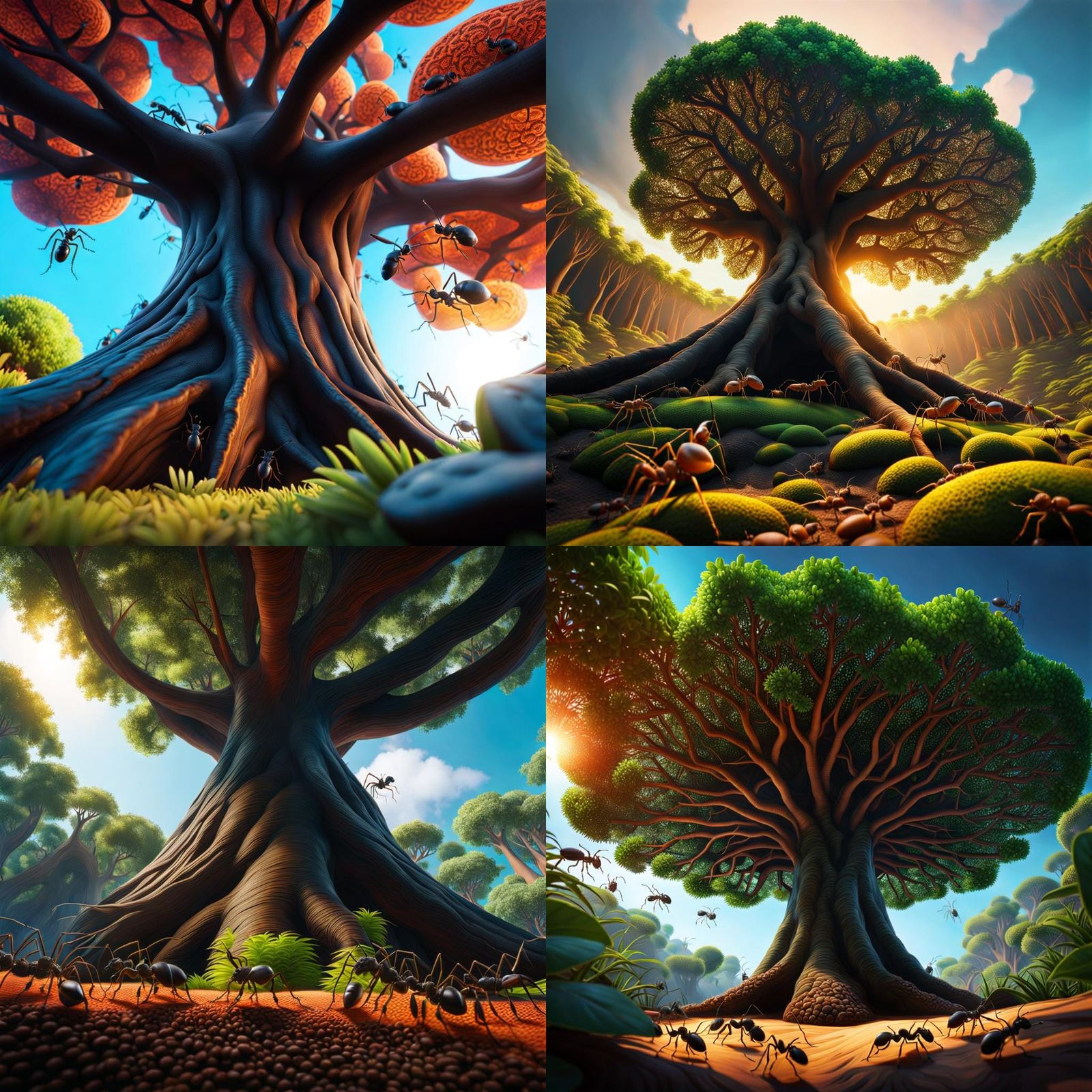 Low angle shot, huge tree, ants walking along the bottom