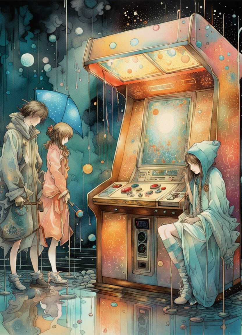arcade cabinet and players in the rain, Insanely detailed indoor; asymmetrical; Yoshitaka Amano, smudge, ...  by @undefined
