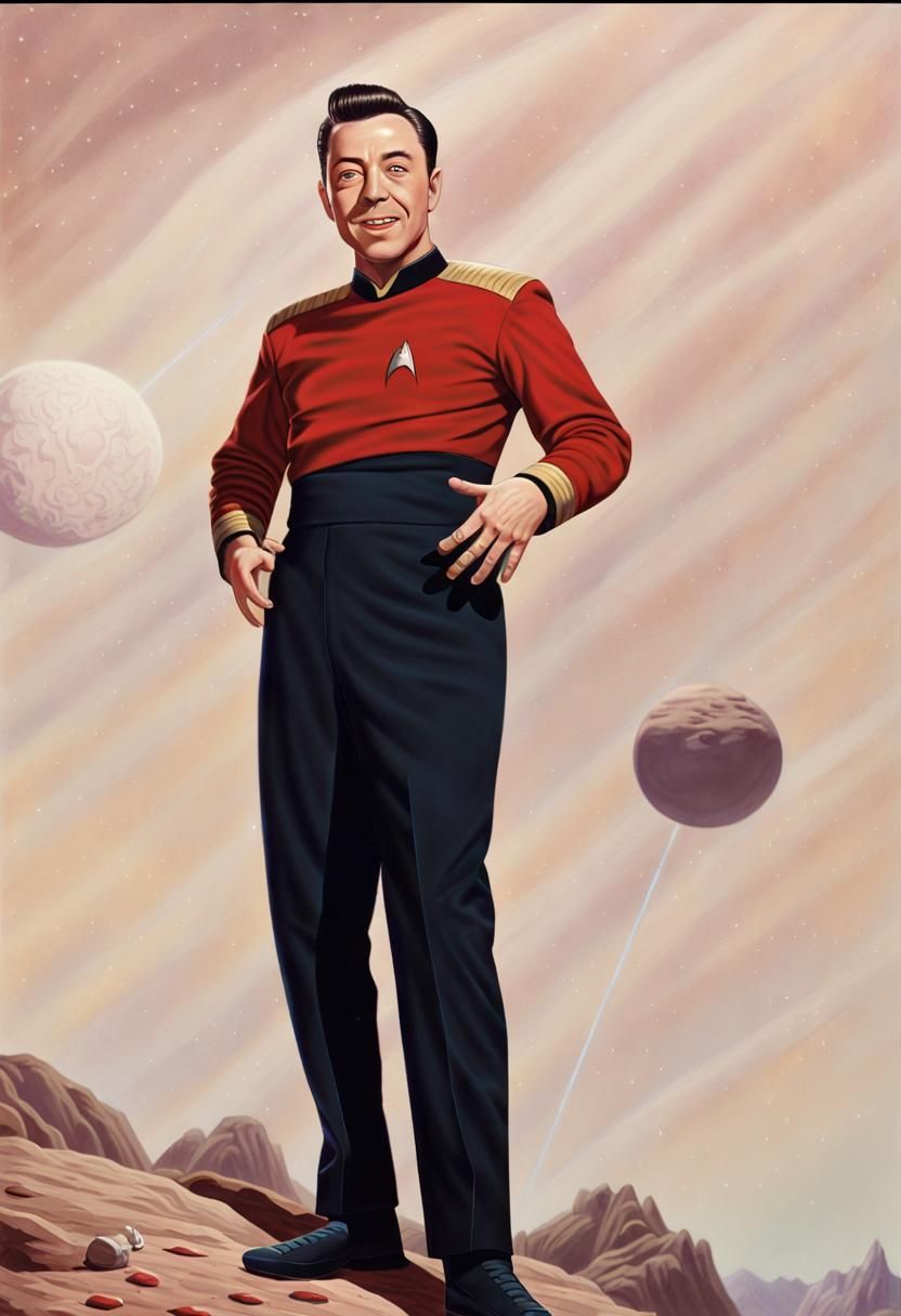Epic realistic science fiction book cover painting illustration of Ed Grimley in a classic red long sleeve uniform shirt...