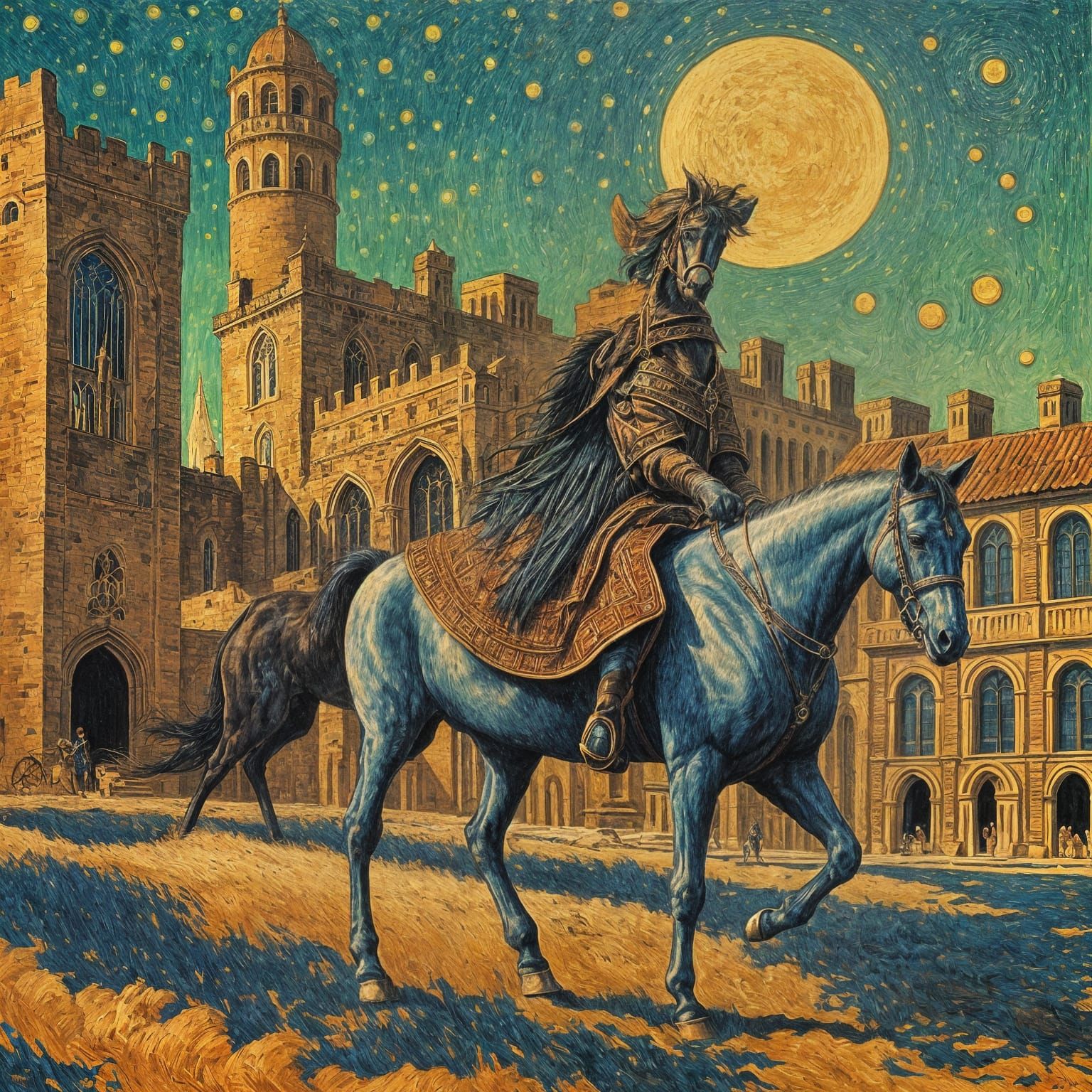 Horse Galloping into Sunset in Gothic City