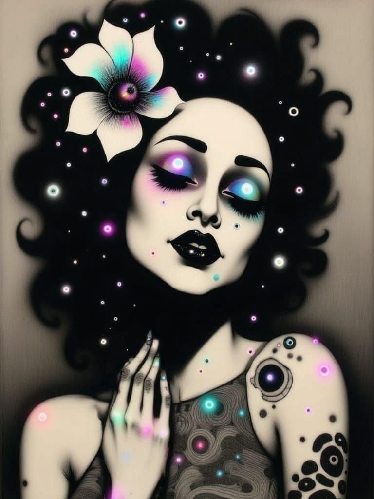 Diana Ross with Black and white iridescent tattoo collage sc...