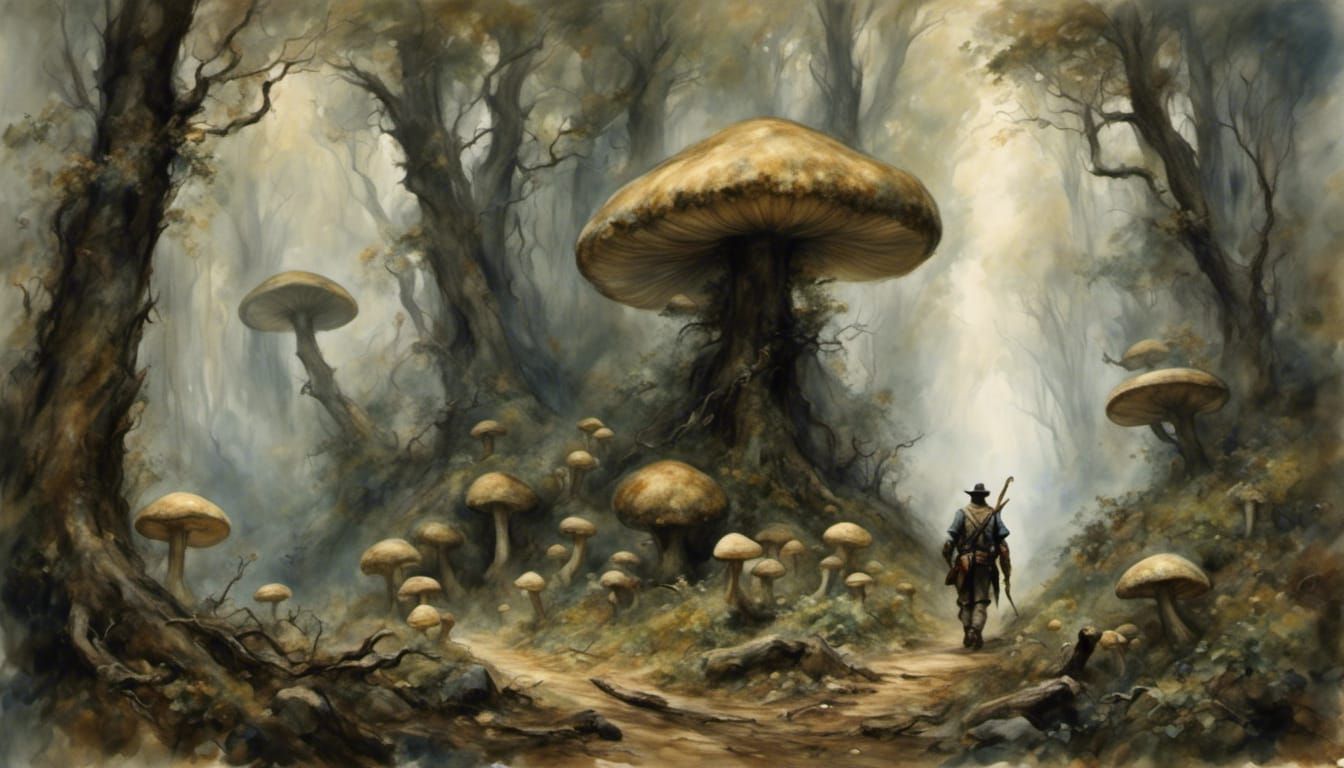A Elevn ranger stalks through A Deep Dark oak forrest with giant mushrooms <lora:Aeon Fantasy:1.0> 