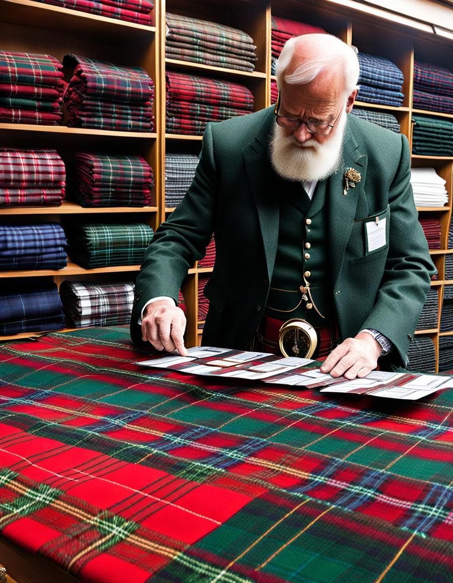 A Scotsman Perusing Tartan Swatches for his New Kilt, plaid  by @Jack-Mike