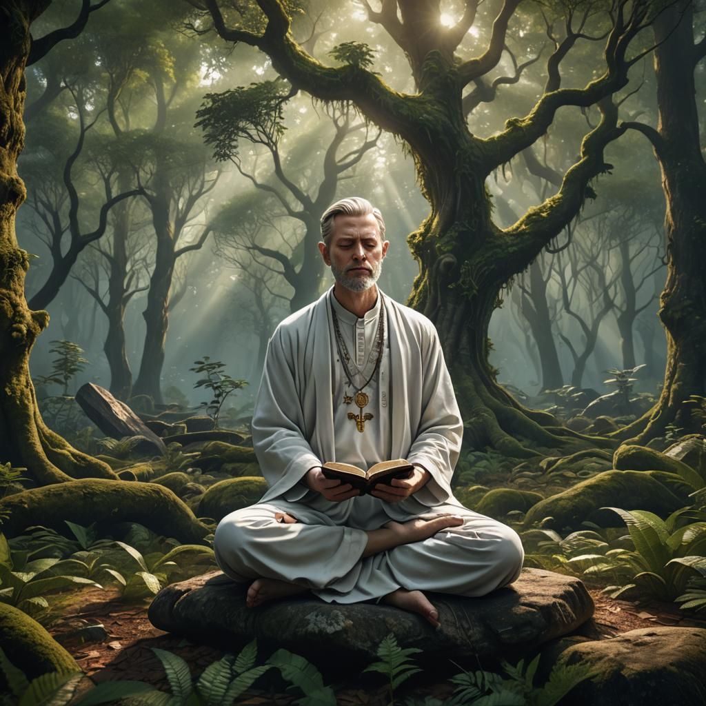 real to life  AI image of a  white man meditating and prayin...