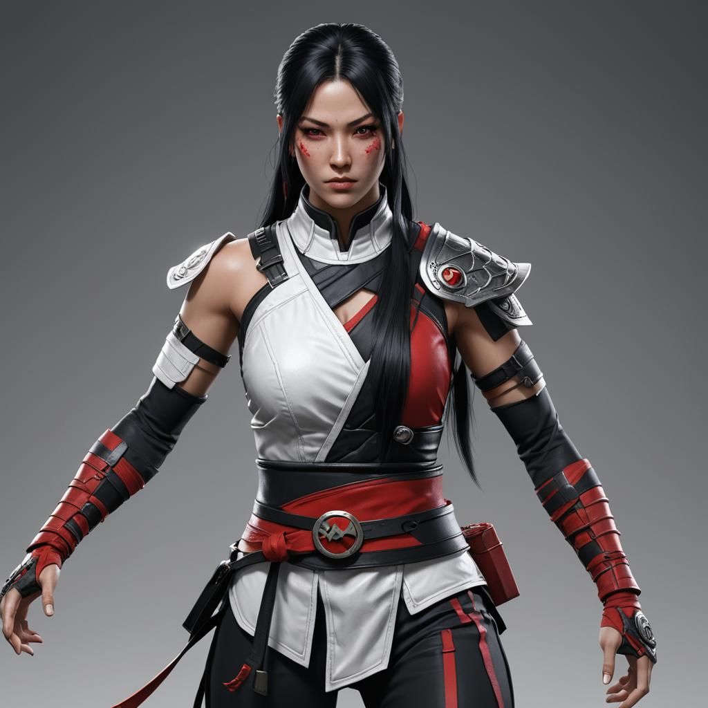 Kia from Mortal Kombat, white skin, black hair, red and blac...