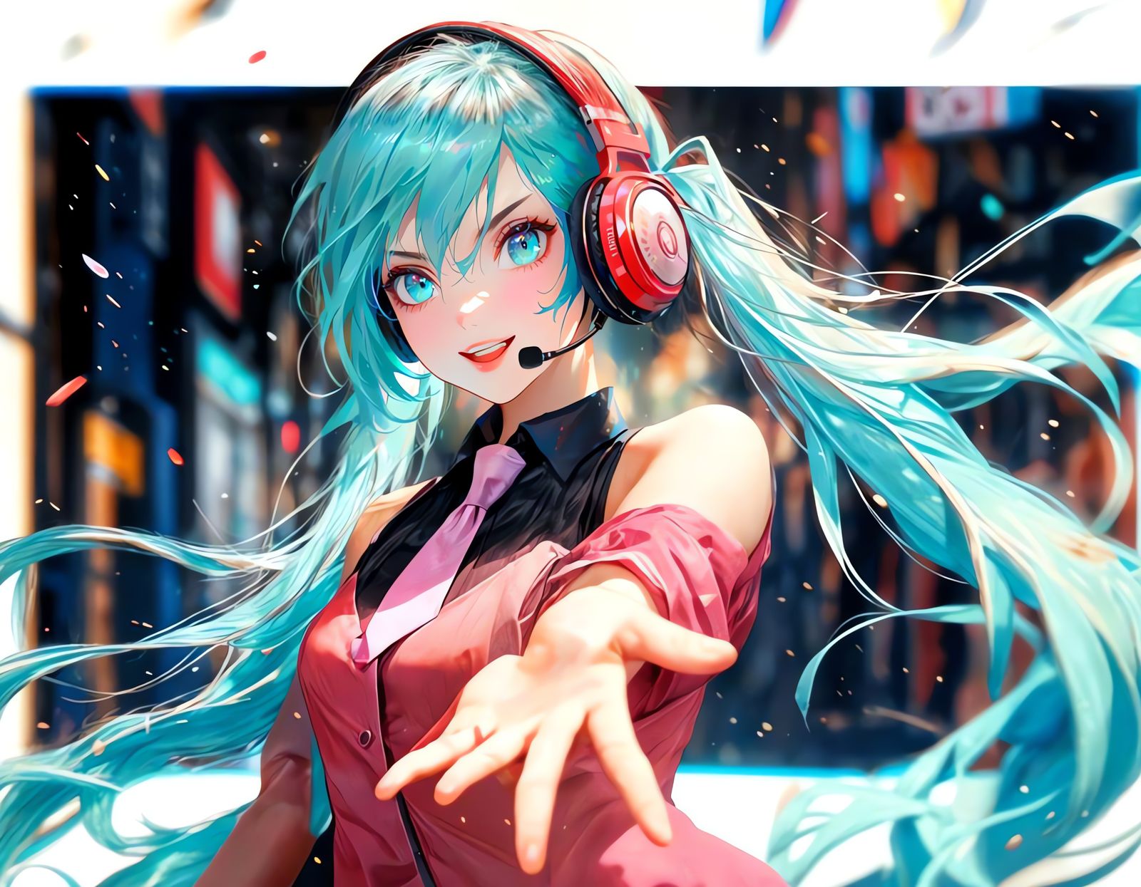 Girl in a Vibrant Smile with Aqua Hair and Headphones
