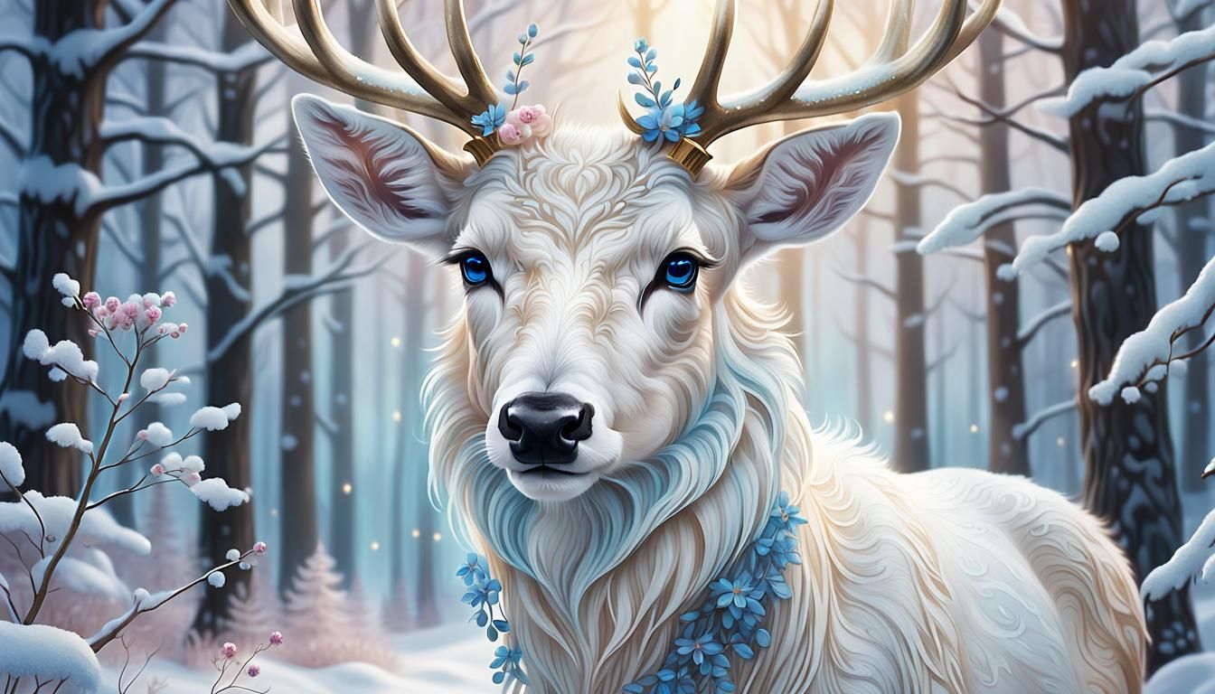 A digital illustration depicts an enchanting white deer standing in a snow-covered forest, creating a ...  by @kamy