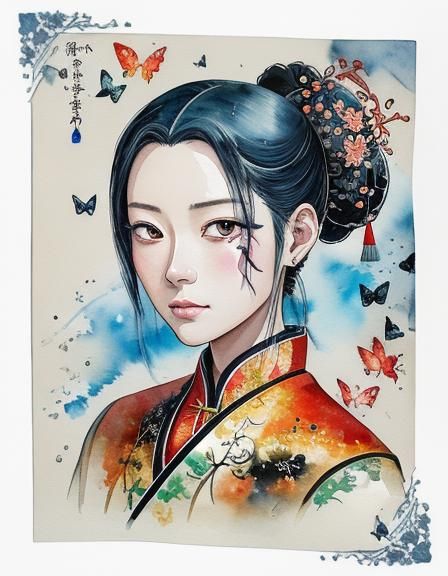 a watercolor Chinese calculation sheet with charred edges, t...