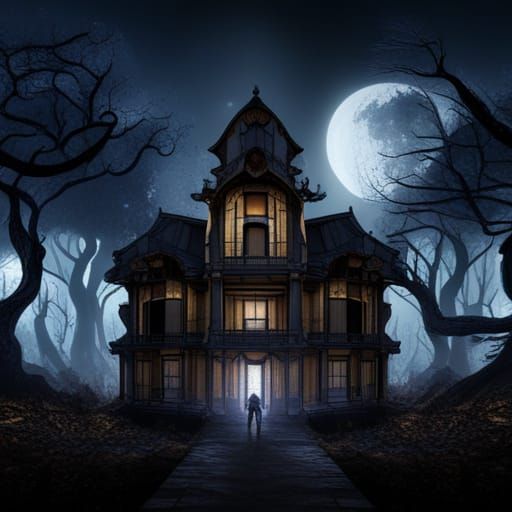 Haunted House in the middle of a dark forest with ghosts wal...