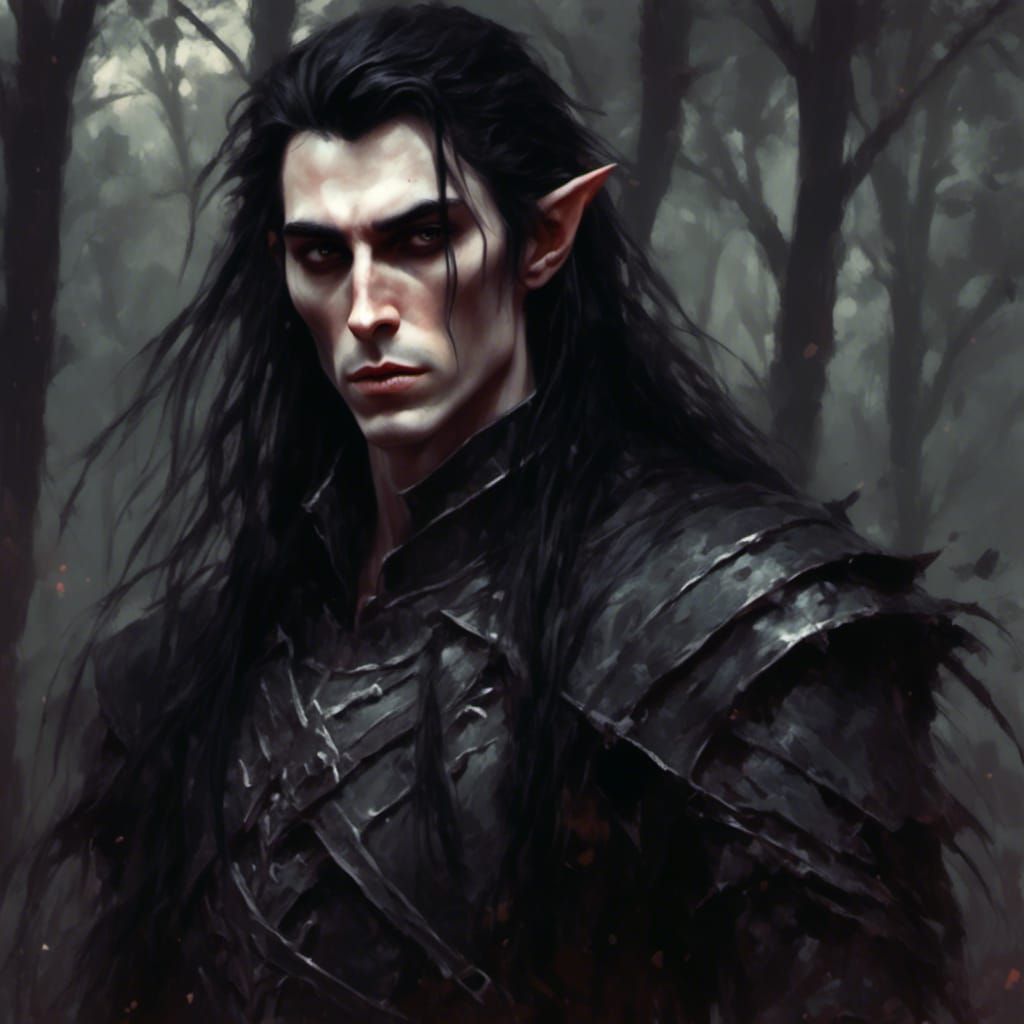 Male dark elf with long flowing black hair. Forest background. - AI ...