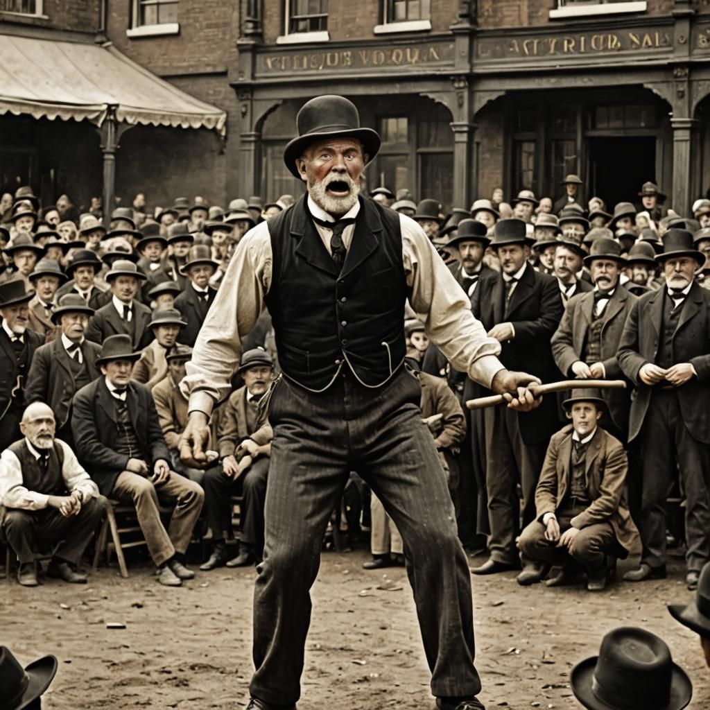 An old time strong man performs in front of a Victorian crow...