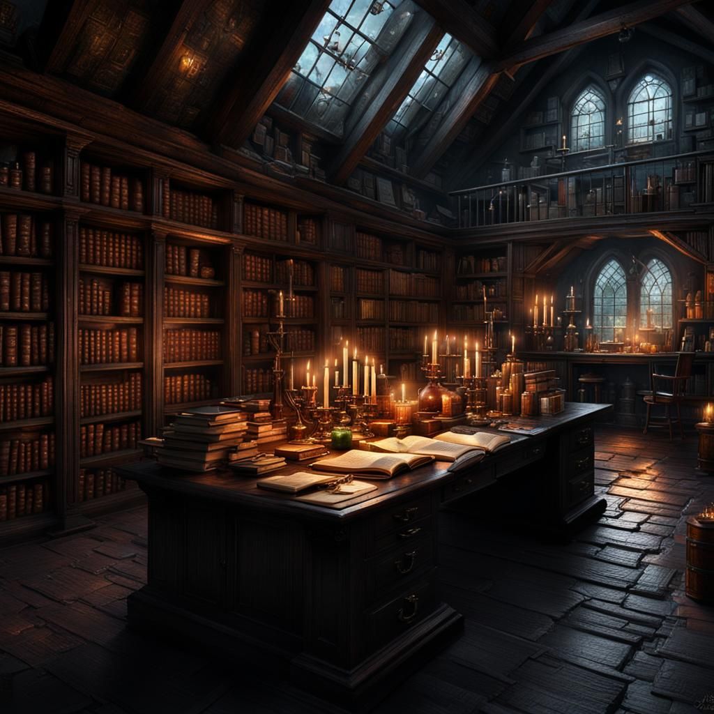 Attic library and laboratory,  hidden door, candlelit with mirrors reflecting light, a heavy dark wooden ...  by @undefined