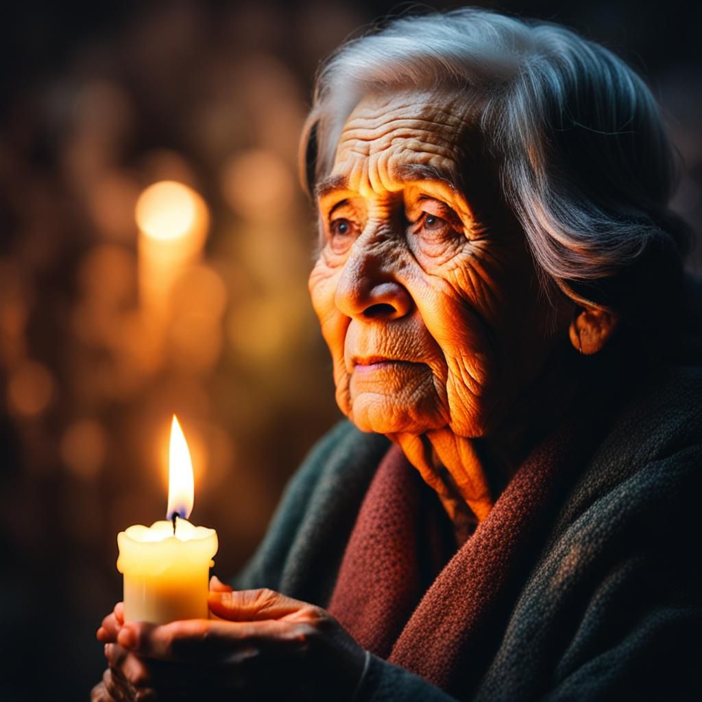 An old woman holds a candle praying for peace  by @3E